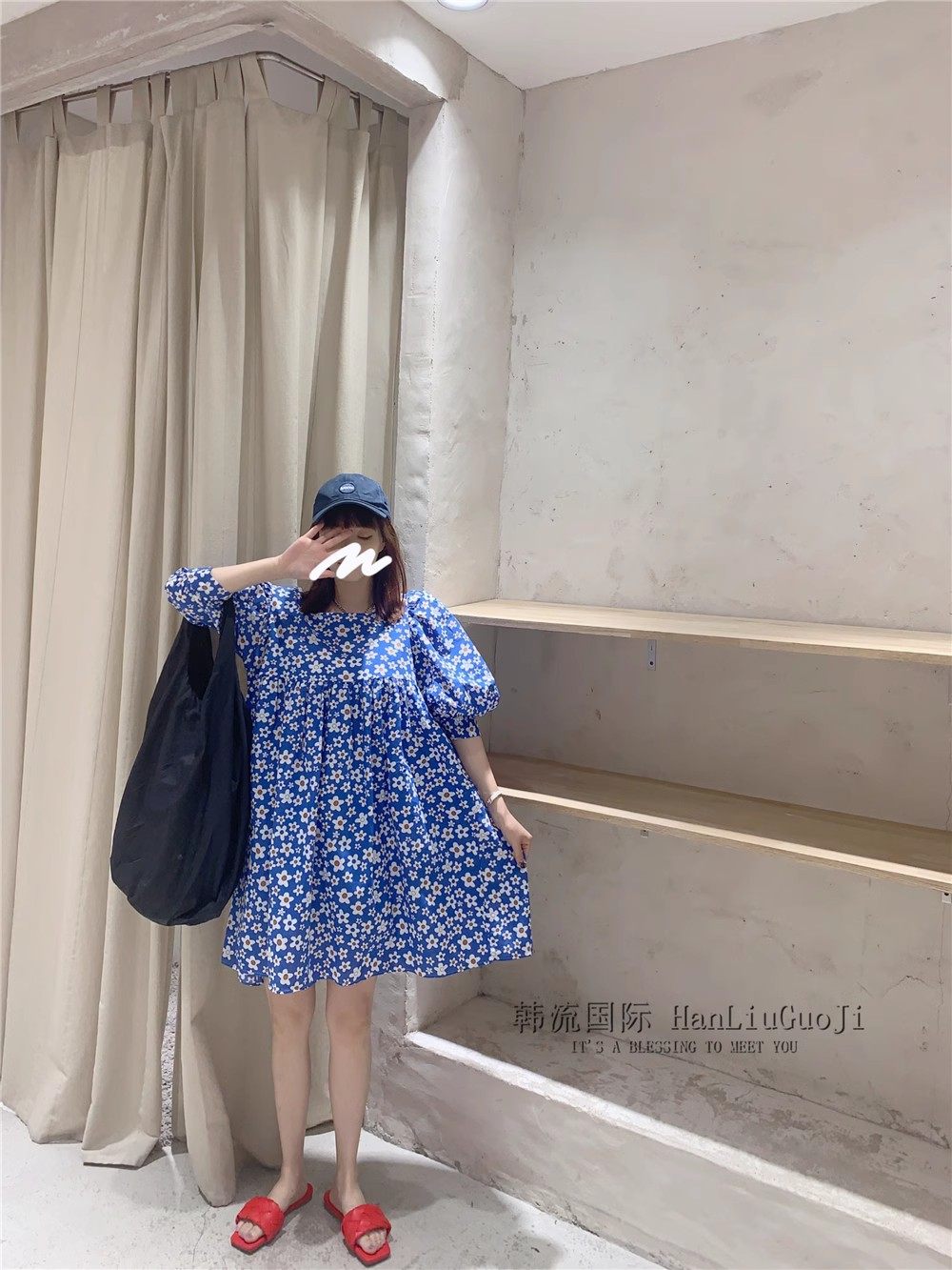 小清新甜美宽松中长款方领碎花连衣裙女夏季显瘦气质泡泡袖裙子女