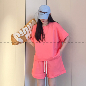 夏季大码宽松百搭短袖t恤女高腰显瘦宽松短裤两件套休闲时尚套装