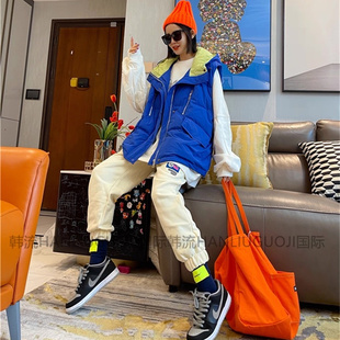 TY家冬季韩版连帽马夹开衫男女同款宽松百搭时尚中长款加厚羽绒服