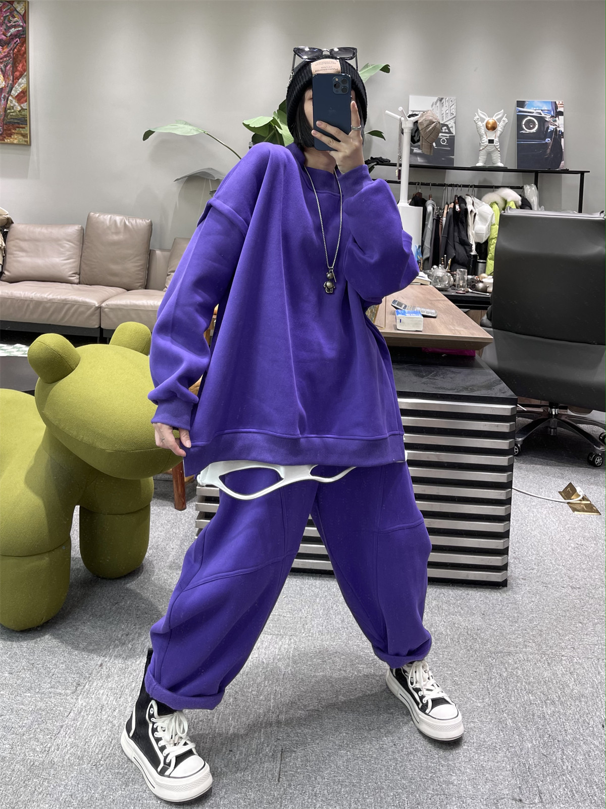 겨울 캐주얼 패션 정장 여성의 느슨한 풀오버 슬릿 벨벳 두꺼운 스웨터 대형 스포츠 운동복 투피스 세트