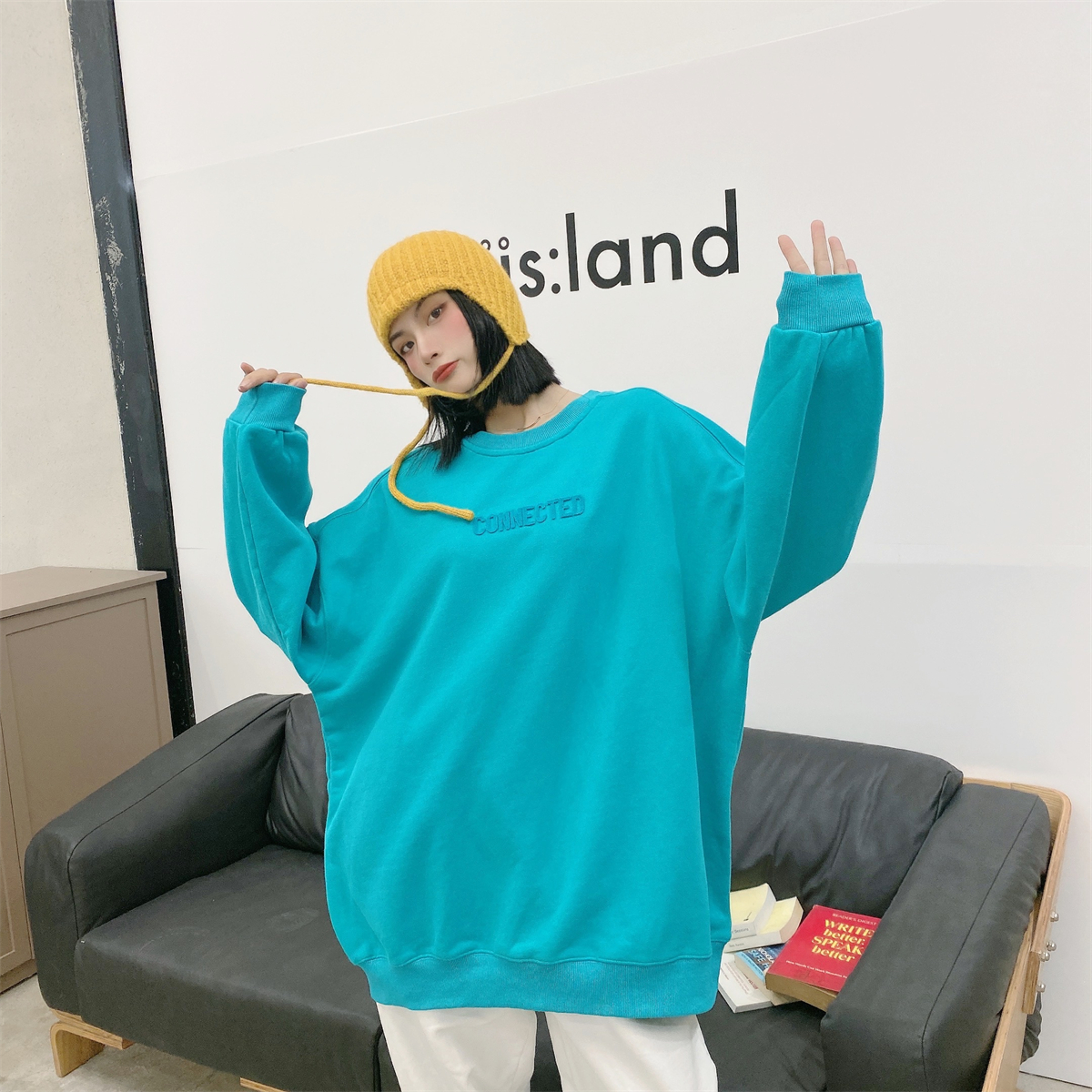 JL SUNFLOWER欧货宽松大版bf慵懒风卫衣女秋冬中长款休闲长袖上衣