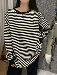 JL SUNFLOWER秋冬季笑脸条纹长袖t恤女中长款bf慵懒风百搭打底衫