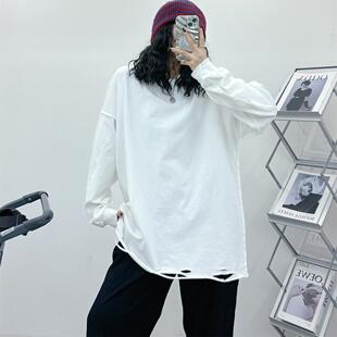 打底衫 破洞T恤宽松bf风秋冬新款 纯棉中长款 欧洲站磨毛卫衣女长袖
