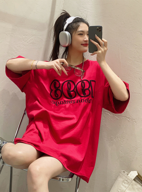 JL SUNFLOWER大码圆领红色短袖t恤女潮牌慵懒风宽松时尚亮片上衣