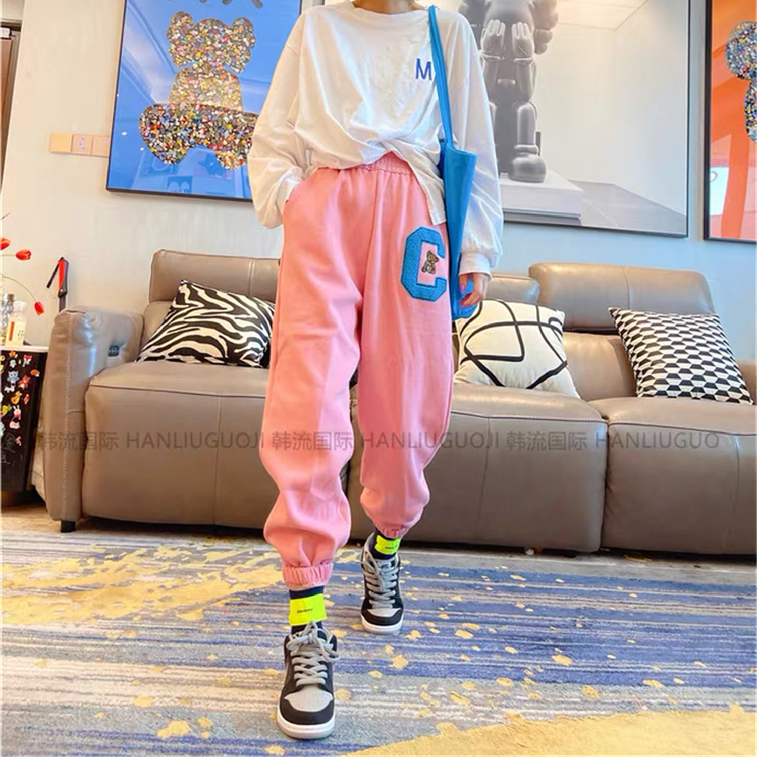 冬季韩版大码宽松运动长裤加绒加厚纯棉休闲高腰显瘦束脚哈伦裤女