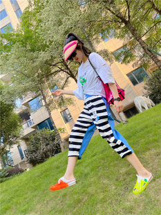 破洞哈伦裤 欧洲站夏季 宽松bf洋气个性 女韩版 子 条纹拼接七分休闲裤