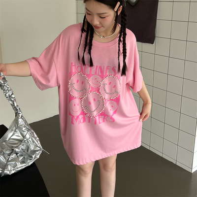 夏季纯棉笑脸圆领钉珠T恤