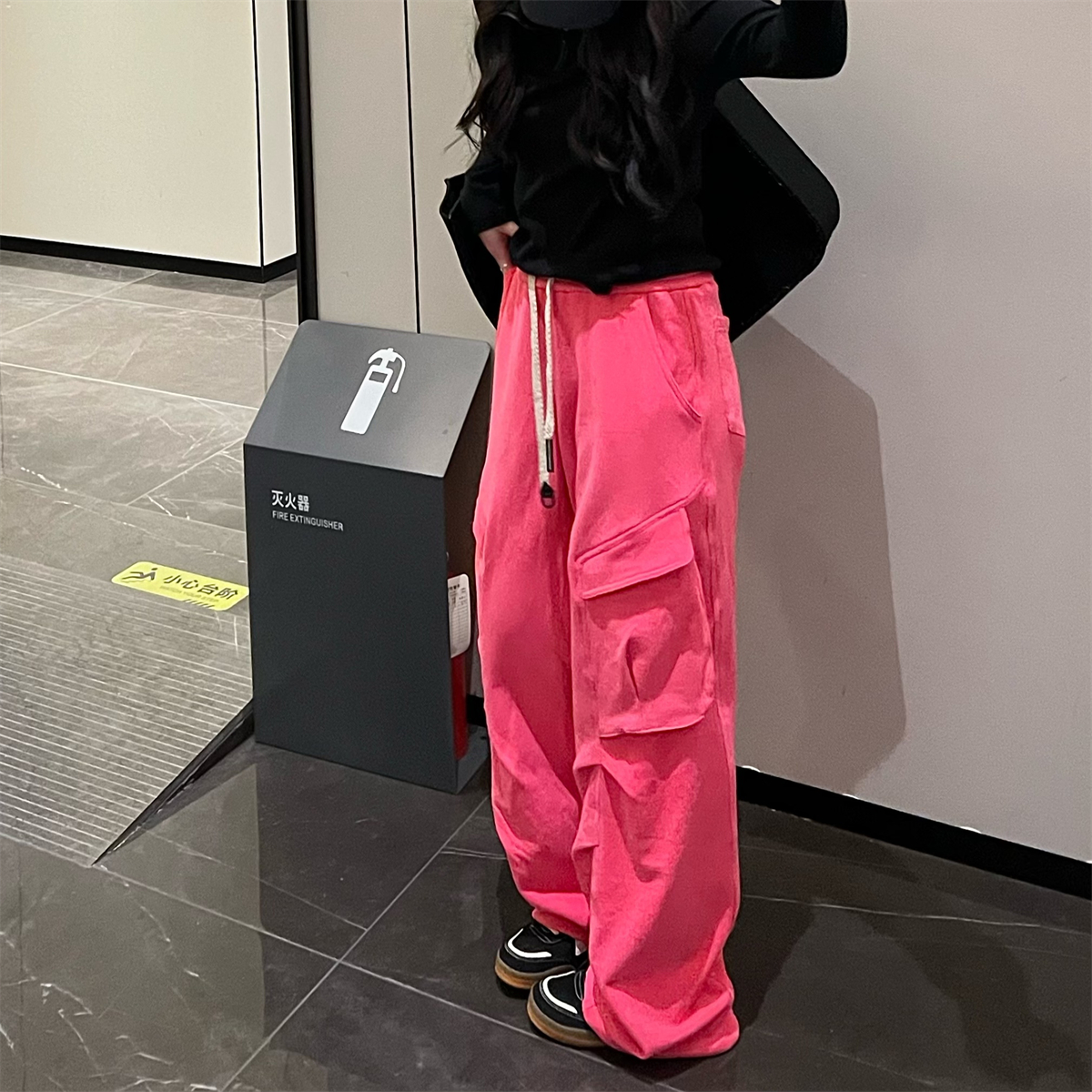 高腰大口袋工装裤显高直筒裤子女