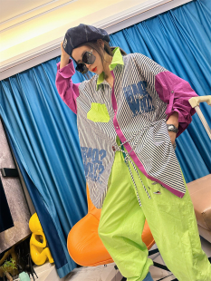 大码 女夏季 宽松慵懒风设计感上衣 遮屁股竖条纹印花衬衫 休闲中长款