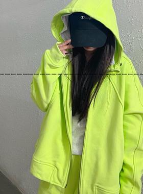 潮牌慵懒风春新款欧货oversize减龄爆款荧光绿色连帽卫衣开衫外套
