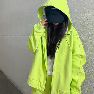 荧光绿色连帽卫衣开衫 外套 欧货oversize减龄爆款 潮牌慵懒风春新款