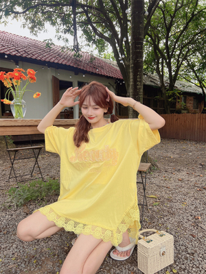 夏季宽松刺绣蕾丝蕾丝短袖t恤女