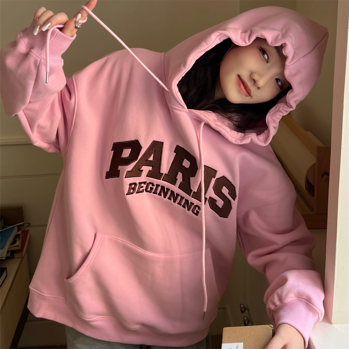 加绒秋冬季连帽减龄卫衣女