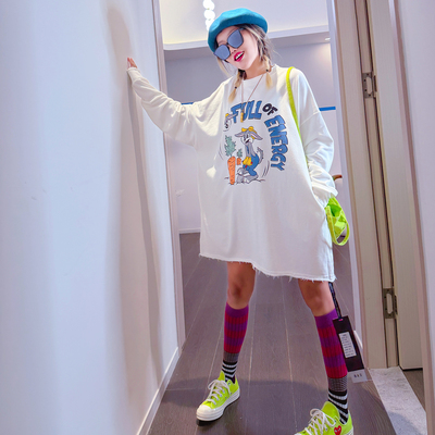 潮牌T秋冬中长款圆领卡通卫衣女