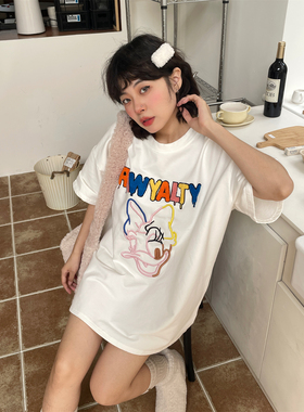 JL SUNFLOWER白色字母刺绣卡通加绒打底t恤女中长款宽松短袖上衣