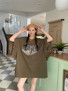 JL SUNFLOWER纯棉短袖t恤女夏季宽松显瘦法式蕾丝黑色亮片上衣ins