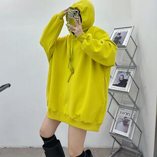 秋冬新款加绒宽松中长款粗绳连帽卫衣女外套韩版大码bf风帽衫上衣