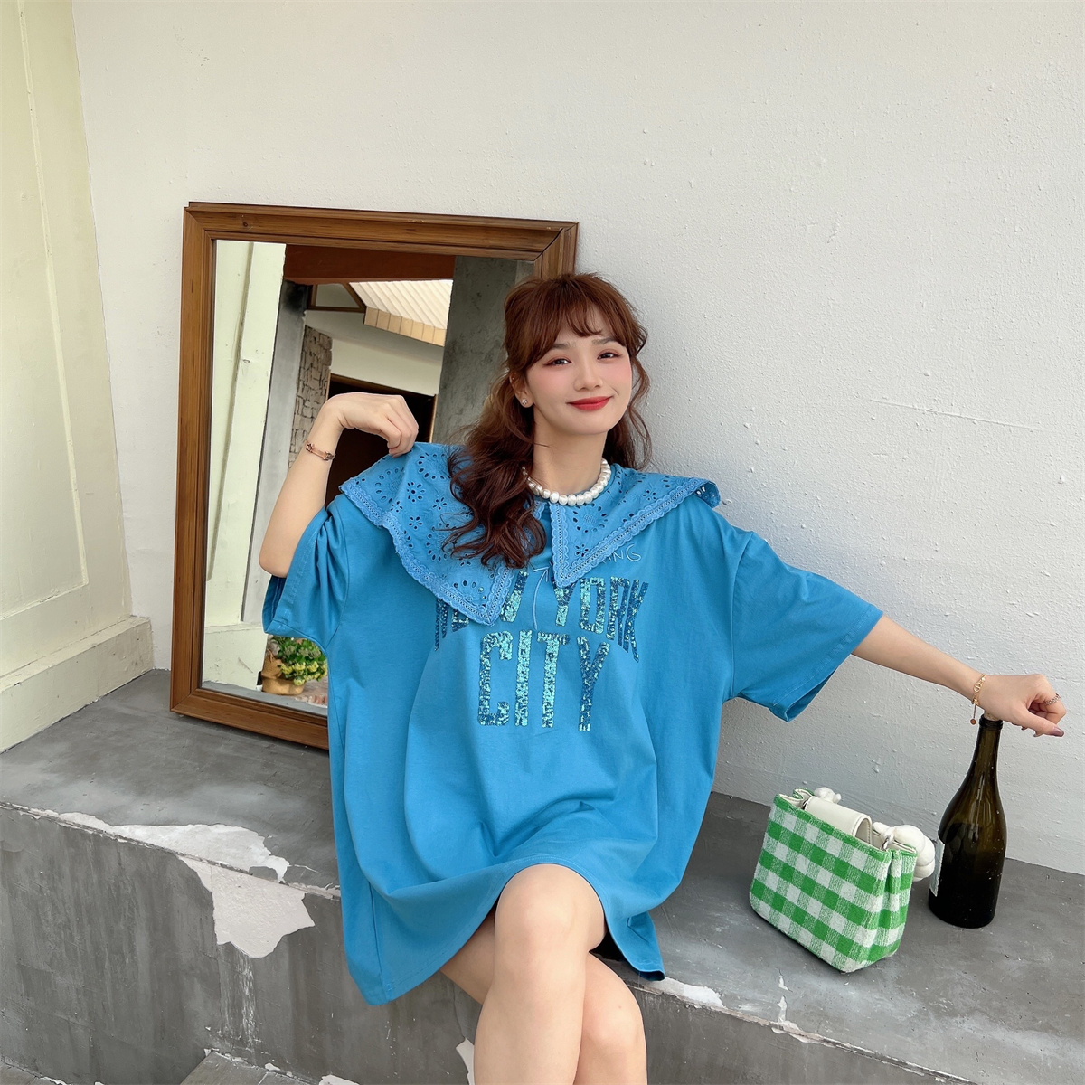 短袖蕾丝刺绣亮片纯棉女大码宽松