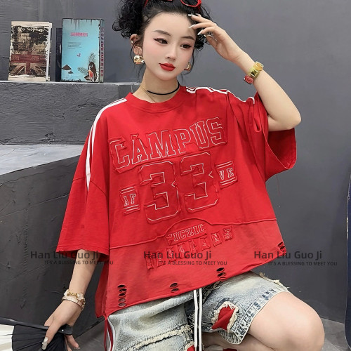 夏季纯棉大码破洞短款半袖T恤女