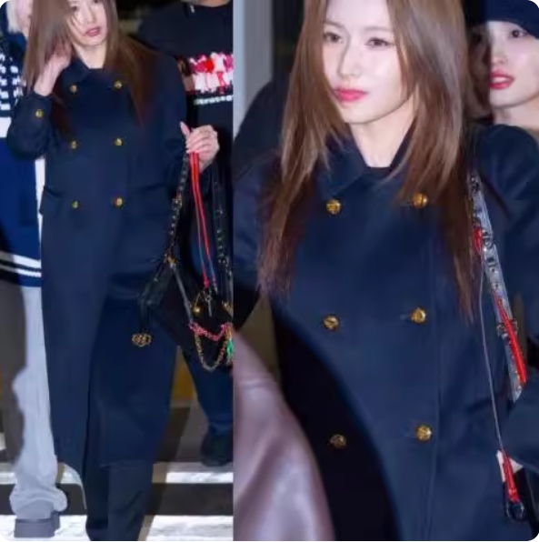 韩国明星sana同款深蓝色毛呢外套女冬季韩系长款过膝双排扣大衣女