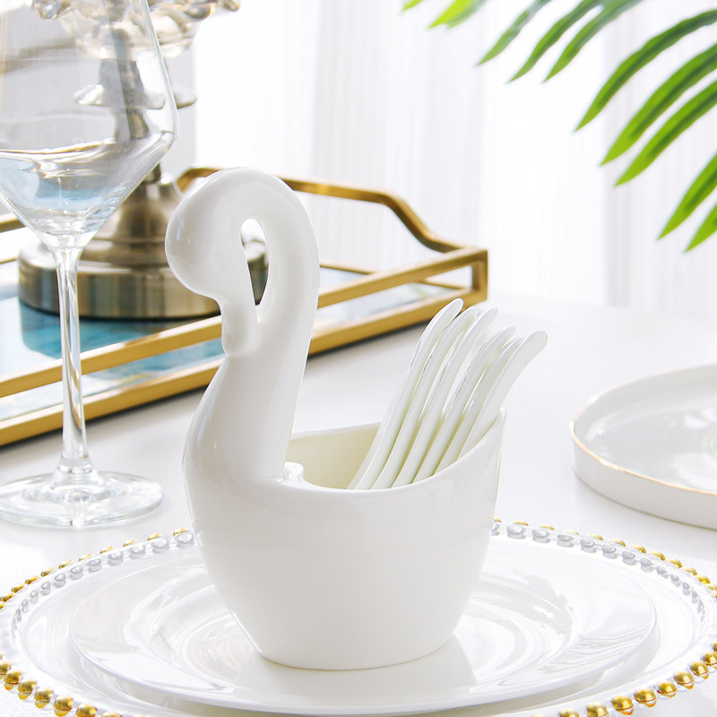 创意骨瓷天鹅勺子笼家用餐桌摆件勺子桶厨房勺子道具收纳餐具笼,餐饮具,餐具笼/架,淘宝优惠券,粉丝福利购,淘宝优惠卷