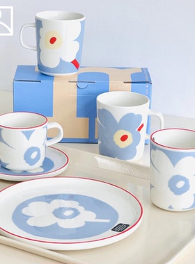 Marimekko2026春夏款蓝底白花系列陶瓷马克杯盘子餐具套装