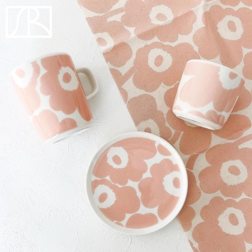芬兰Marimekko 日本限定桃粉色Unikko马克杯手握杯咖啡圆盘子碗