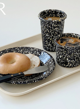 韩国Eding 搪瓷黑白星空泼墨马克杯沙拉水果盘酸奶碗燕麦碗烤盘