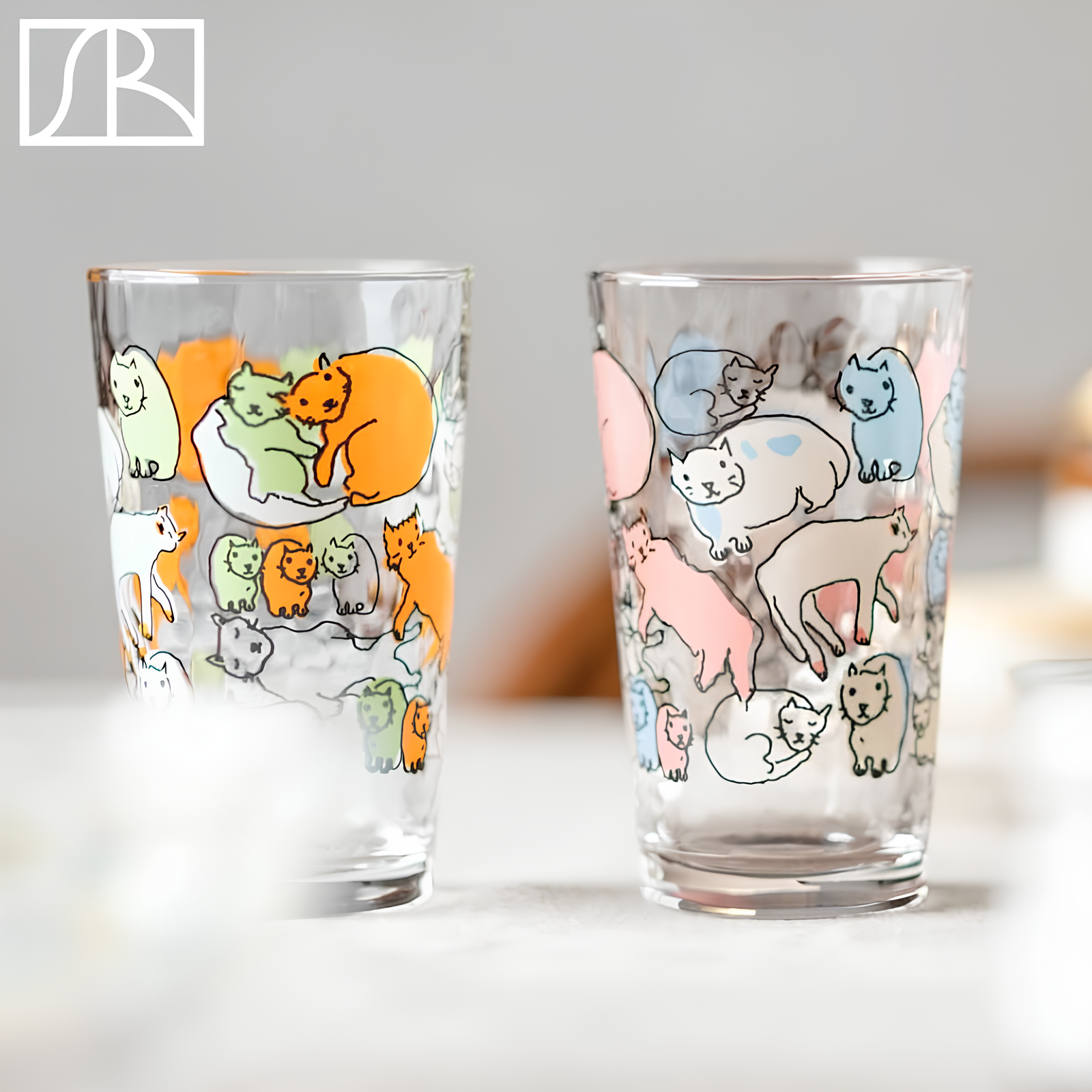 日本制aderia 猫咪印花玻璃杯甜品碗饮料果汁牛奶酸奶麦片水果碗