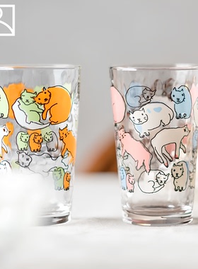 日本制aderia 猫咪印花玻璃杯甜品碗饮料果汁牛奶酸奶麦片水果碗
