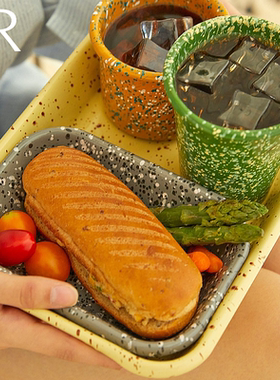 韩国Eding 搪瓷泼墨彩色烤盘备菜盘餐盘料理盘托盘方盘火锅备菜盘