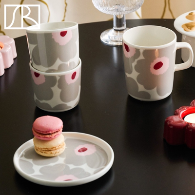 芬兰Marimekko 日本限定Unikko浅灰粉芯马克杯手握杯咖啡圆盘子碗