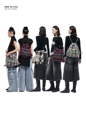 HIDDENNOTES/《逃跑计划》美式复古红色格子双肩抽绳包斜挎电脑包