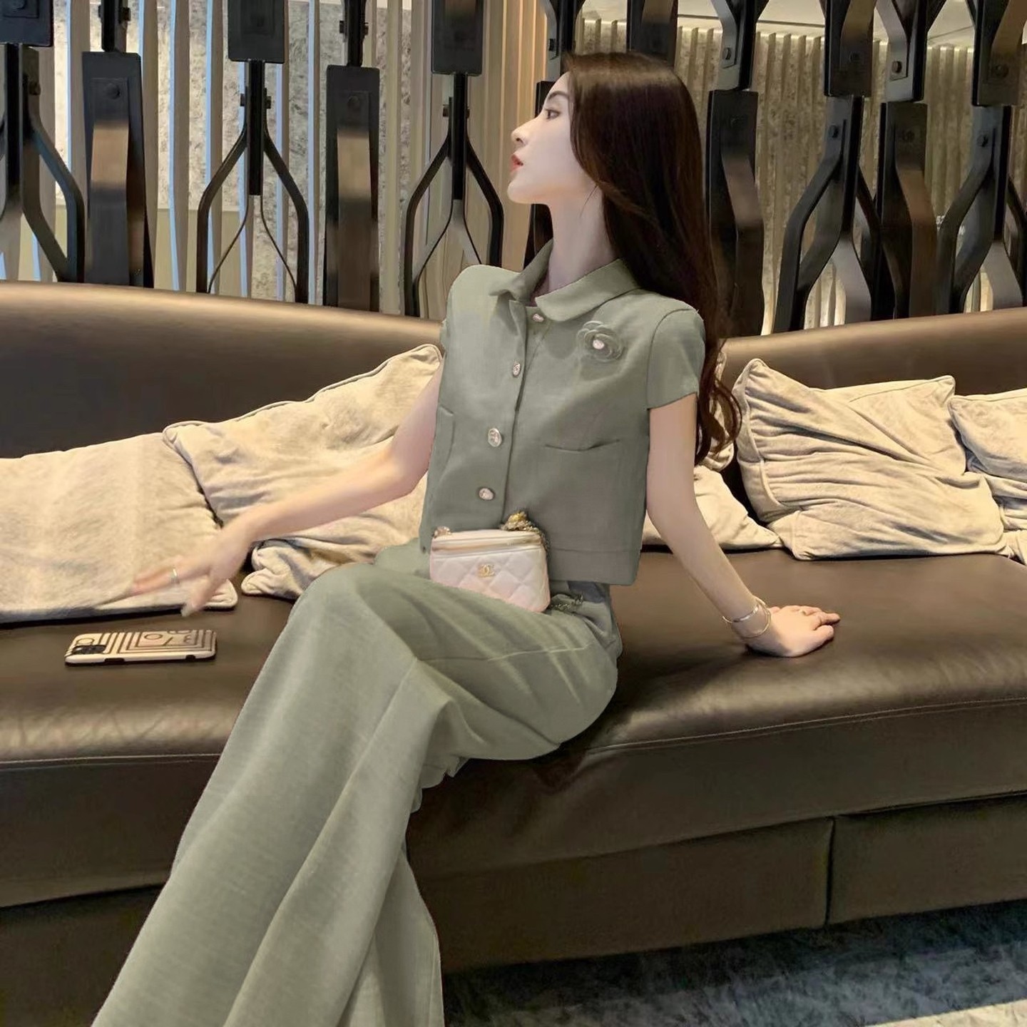 绿色小香风套装女夏季时尚减龄干练气质职业西装阔腿裤两件套显瘦