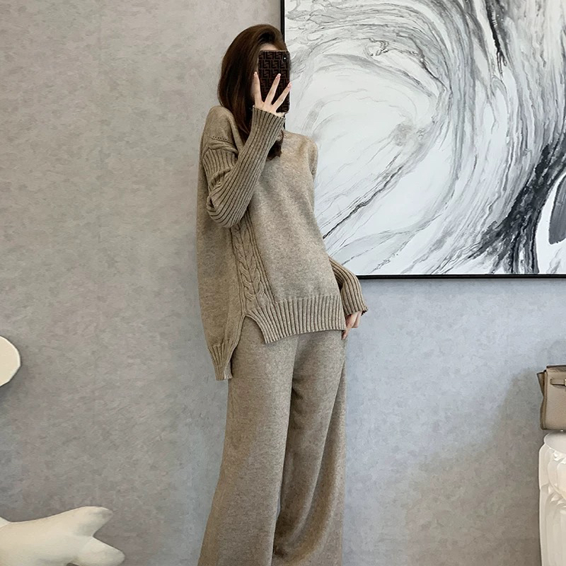 2024秋冬新款慵懒风宽松高领毛衣套装女洋气时髦阔腿裤两件套女