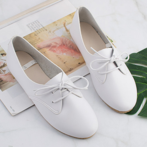 白色女夏款系带平底软皮牛津鞋