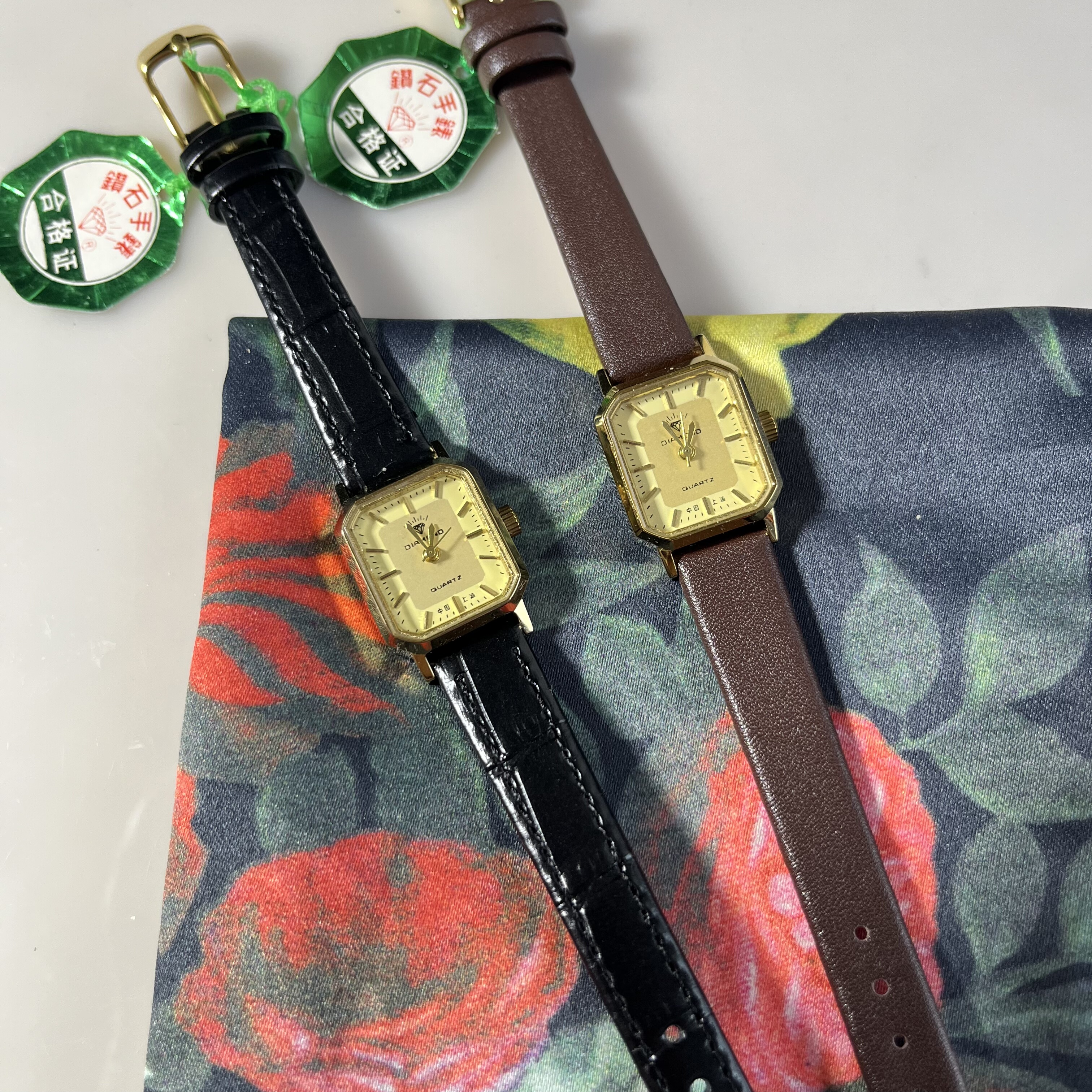 原装老国货上海钻石牌复古简约镀金真皮女气质进口石英机芯老古董