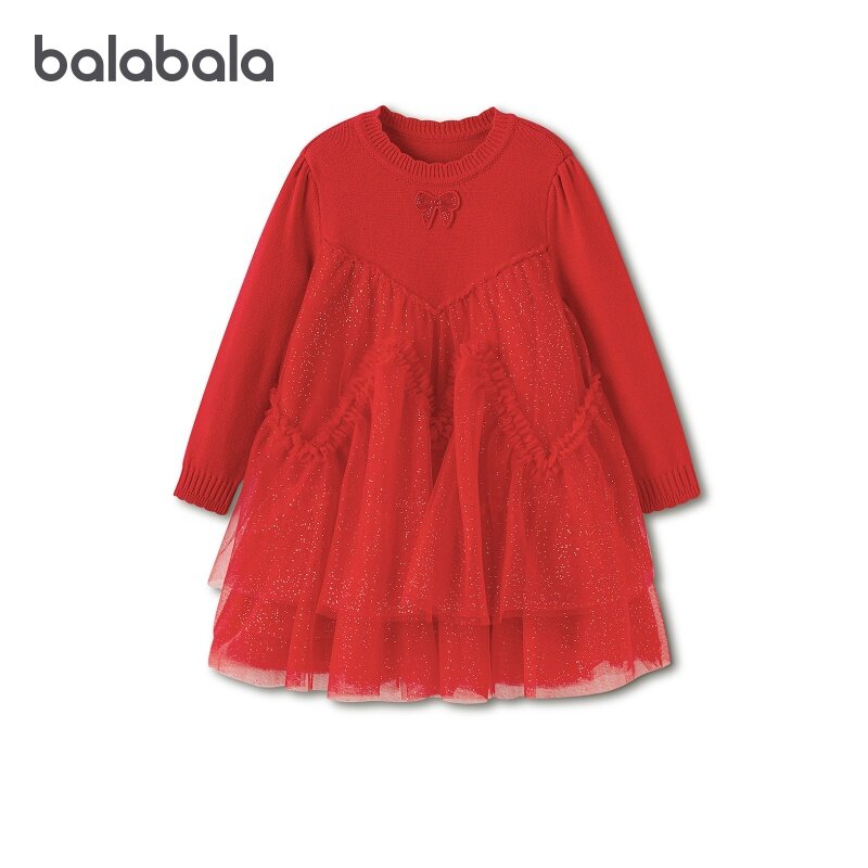 巴拉巴拉女童连衣裙宝宝红色网纱裙儿童新年裙子2026春装新款童装
