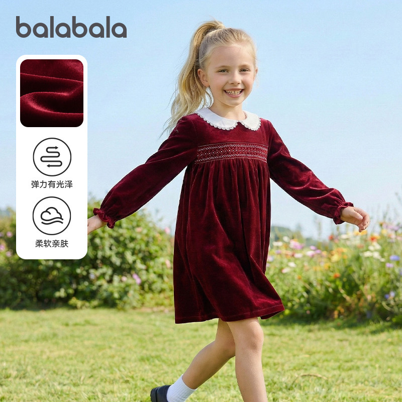 巴拉巴拉儿童连衣裙女童丝绒公主裙中大童娃娃领裙子2026春装新款