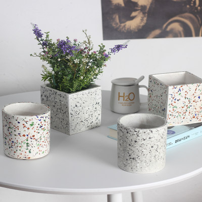花盆水磨石北欧风格简约创意盆栽方形圆形有孔带托盘盆景多款花盆 虎窝淘