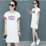 Váy thể thao nữ mùa hè Váy thể thao dài cổ tròn tay ngắn thời trang Hàn Quốc Áo thun cotton - Trang phục thể thao quan ao the thao nu