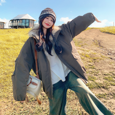 韩系灰色翻领工装羽绒派克服女