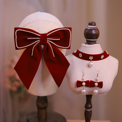 新款珍珠丝绒蝴蝶结发夹头饰发卡