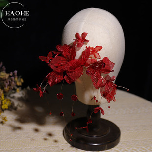 新款手工酒红色绢纱花流苏边夹新娘结婚敬酒服头饰大气马面裙发饰