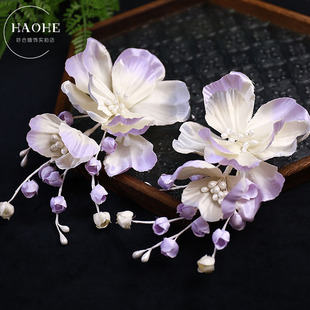 韩系紫色渐变花朵对夹新娘晨袍文艺小众造型头饰宴会礼服冷艳配饰
