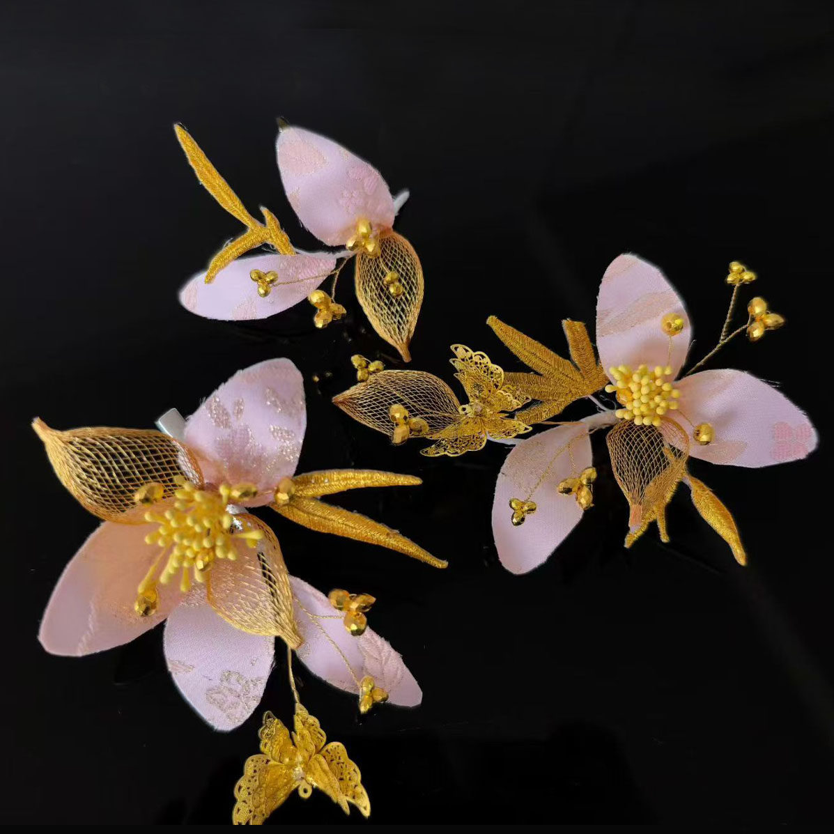金色粉色铜丝花朵新娘发饰套装