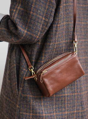 复古植鞣头层牛皮小背包女真皮单肩斜挎包手机包文艺软皮小方包包