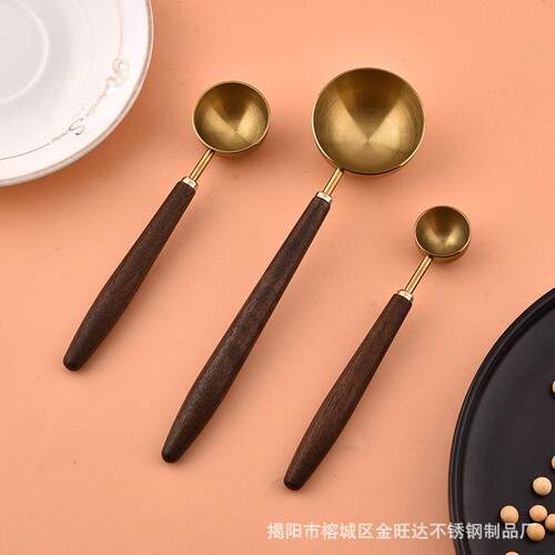 3量04不锈钢咖DS-X1250胡桃木木柄镀金勺烘焙用品啡豆量勺尖柄胡