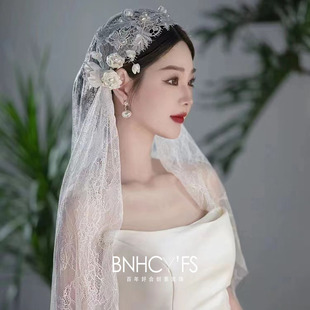 法式复古蕾丝花朵民国风头纱帽法式气质新娘结婚头饰旅拍发饰品