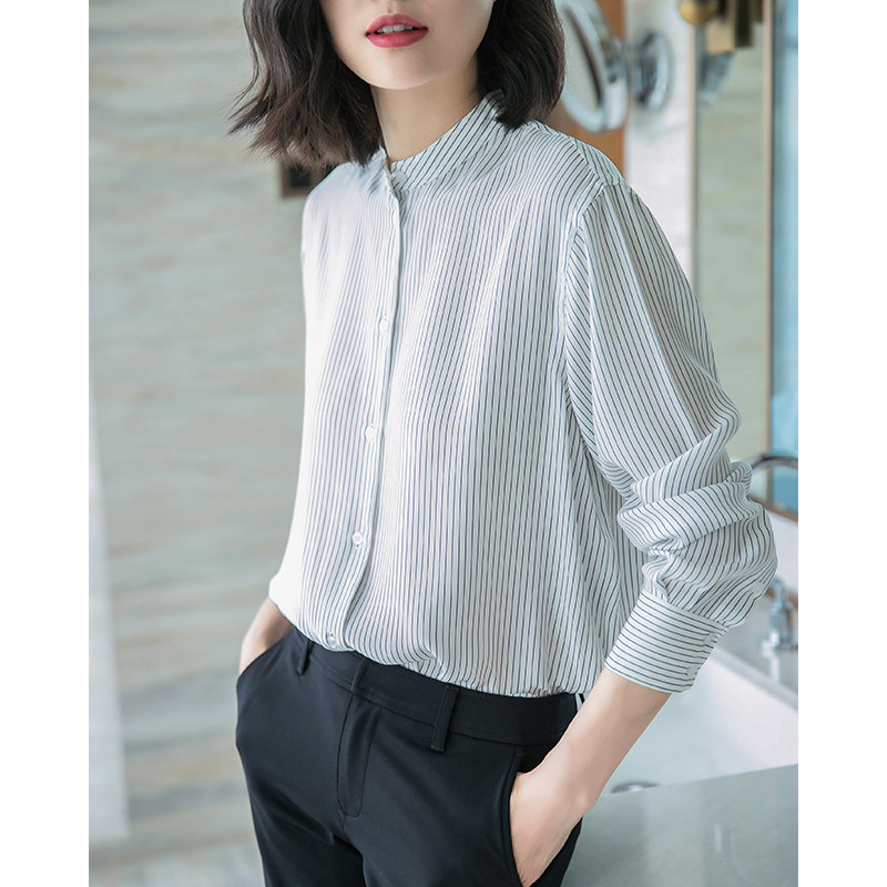 垂坠衬衣2020春高品质竖条纹上衣雪纺立领条纹衬衫女设计感小众